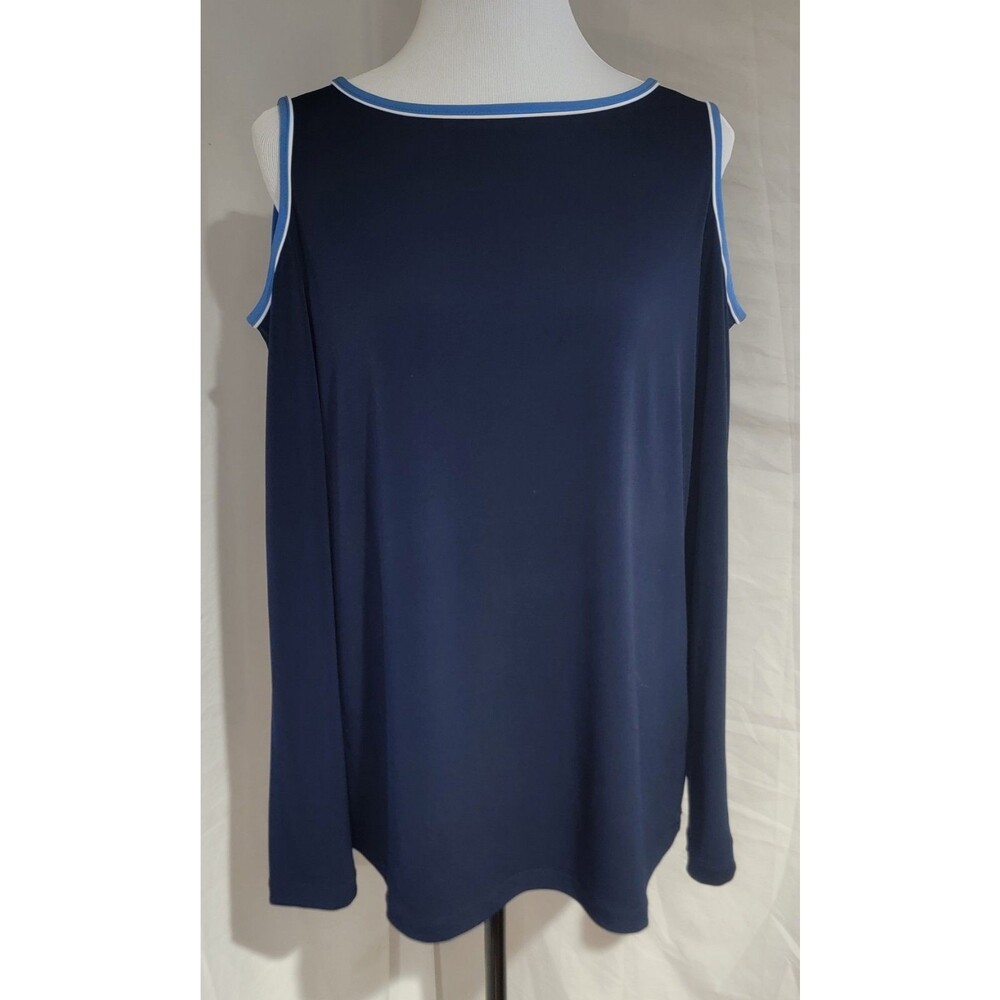 SUSAN GRAVER Womens Medium Blue Liquid Knit Top Tunic Stretch Cold Shoulders